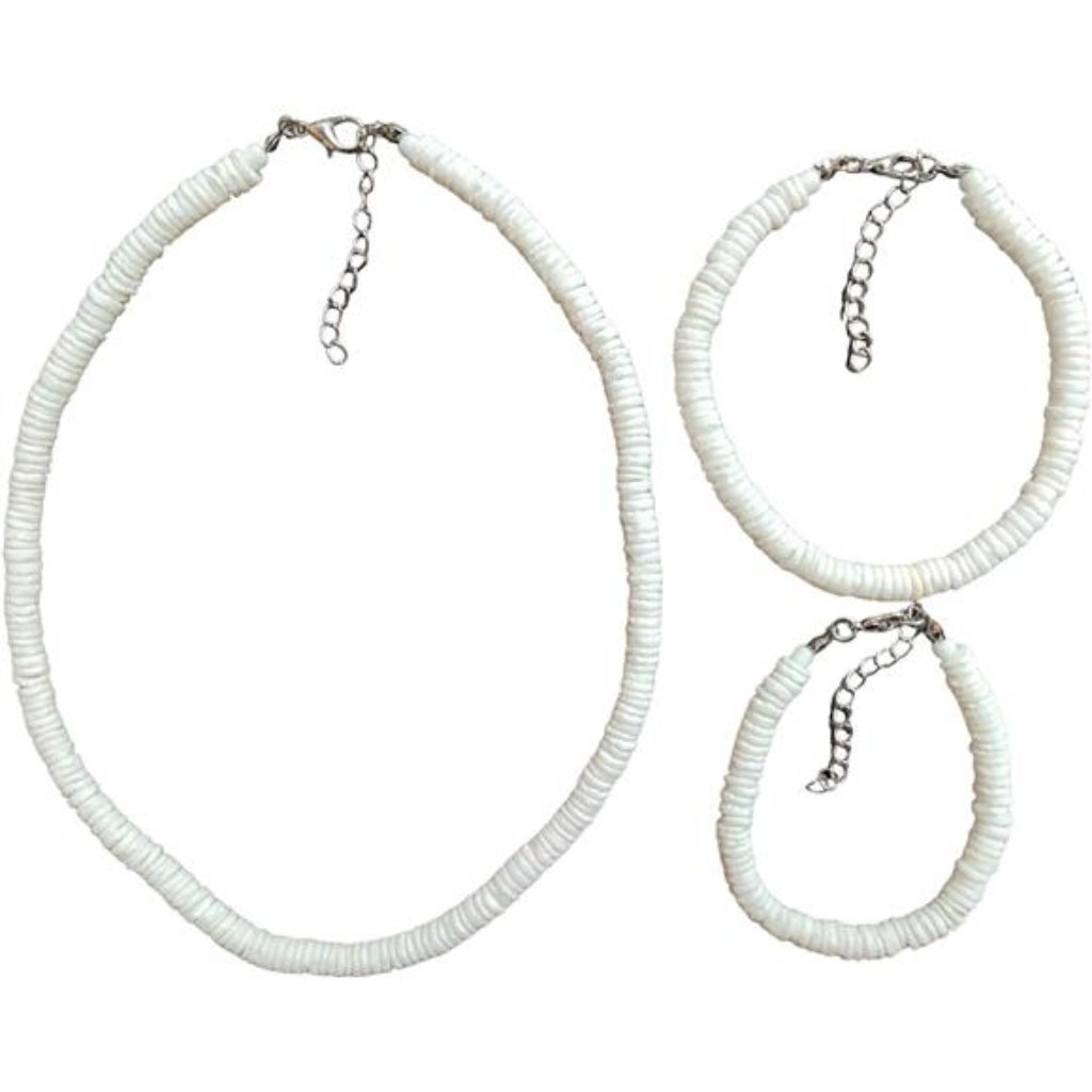 3-Piece Natural White Clam Shell Puka Beaded Beach Summer Fashion Jewelry Set